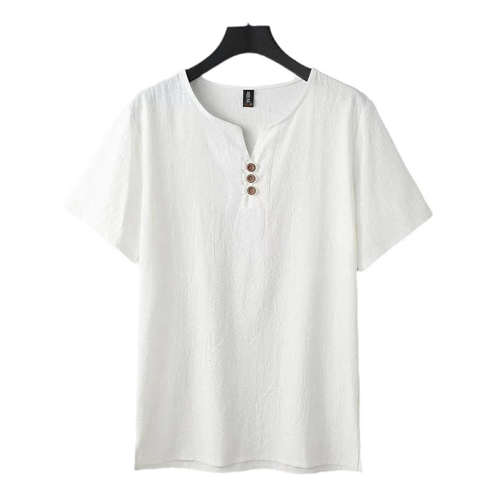 Camicia da uomo in cotone e lino con maniche corte, tinta unita, scollo a V, tre bottoni in alto , Buddha Stones - image 2