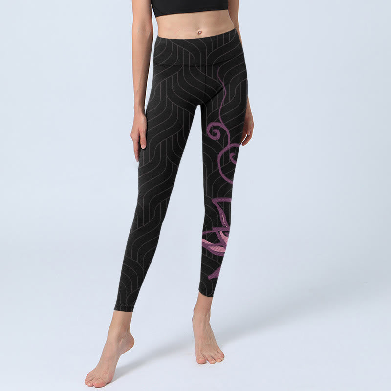 Leggings da palestra con stampa di fiori di loto rosa e neri Buddha Stones, pantaloni da yoga da donna - image 5