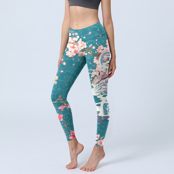 Leggings da palestra con stampa Buddha Stones Dragon Cherry Blossoms, pantaloni da yoga da donna - Cadetto Blu - US18, UK/AU22, EU50 (4XL) - image 0