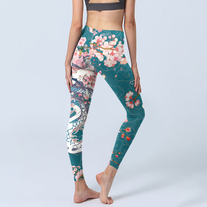 Leggings da palestra con stampa Buddha Stones Dragon Cherry Blossoms, pantaloni da yoga da donna - image 4