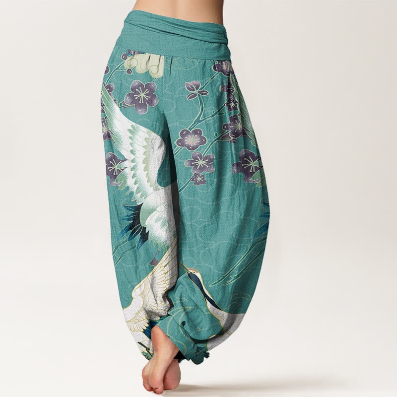 Pantaloni harem da donna con elastico in vita, motivo Buddha Stones Cotton Cranes Flowers e nuvole di buon auspicio - image 7