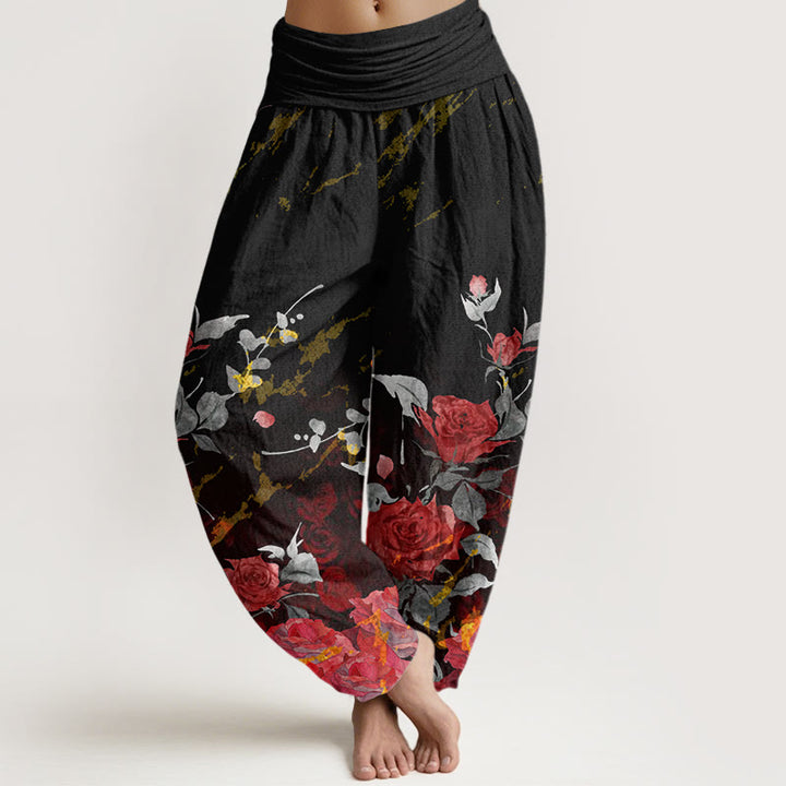 Pantaloni harem da donna con elastico in vita e motivo Buddha Stones in cotone con rose in fiore - Nero - US22, UK/AU26, EU54 (6XL) - image 0
