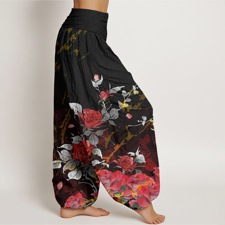 Pantaloni harem da donna con elastico in vita e motivo Buddha Stones in cotone con rose in fiore - image 1