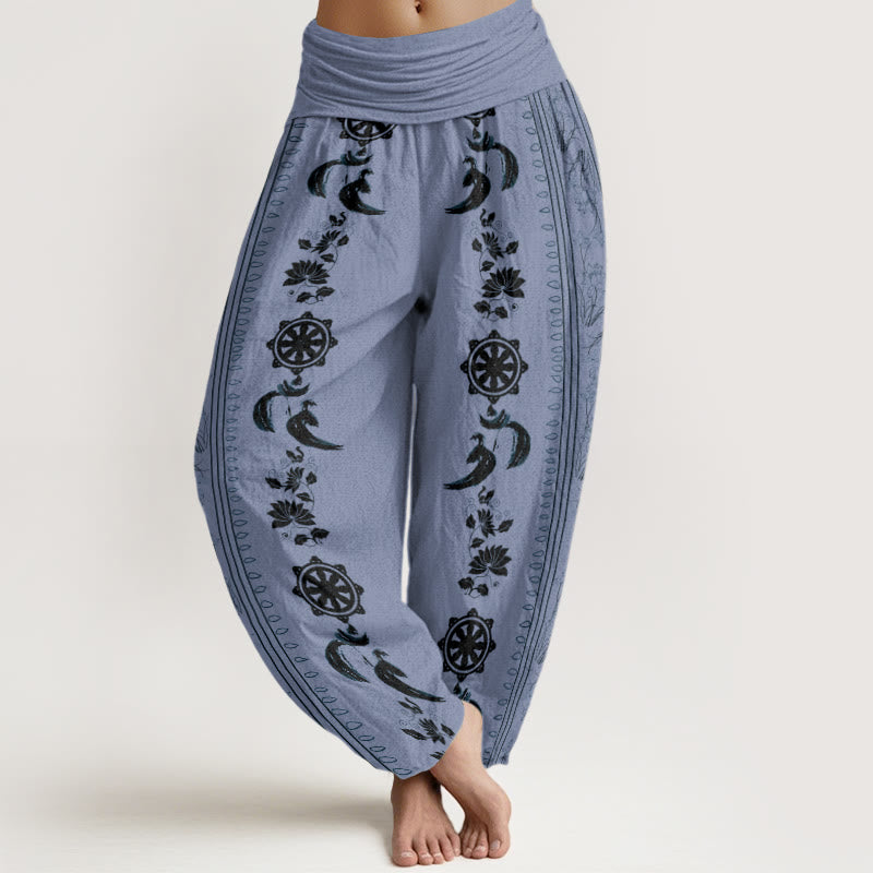Pantaloni harem da donna con elastico in vita, motivo Buddha Stones in cotone con ruota del Dharma e motivo Lotus OM - Blu fiordaliso - US22, UK/AU26, EU54 (6XL) - image 0
