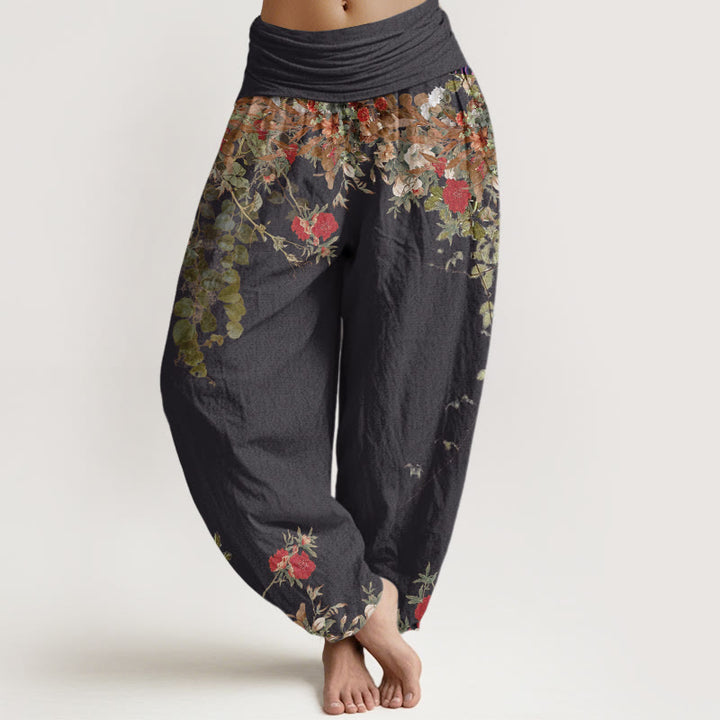 Pantaloni harem da donna con elastico in vita, in cotone, casual, con motivo a peonie rosse e pietre Buddha Stones - Nero - US22, UK/AU26, EU54 (6XL) - image 0