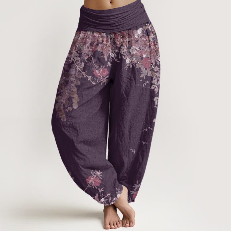 Pantaloni harem da donna con elastico in vita, in cotone, casual, con motivo a peonie rosse e pietre Buddha Stones - Prugna - US22, UK/AU26, EU54 (6XL) - image 7