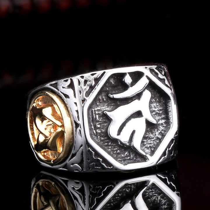 Buddha Stones Tibetano Titanio Acciaio Saluto Mano Spada Segno Sanscrito Equilibrio Anello