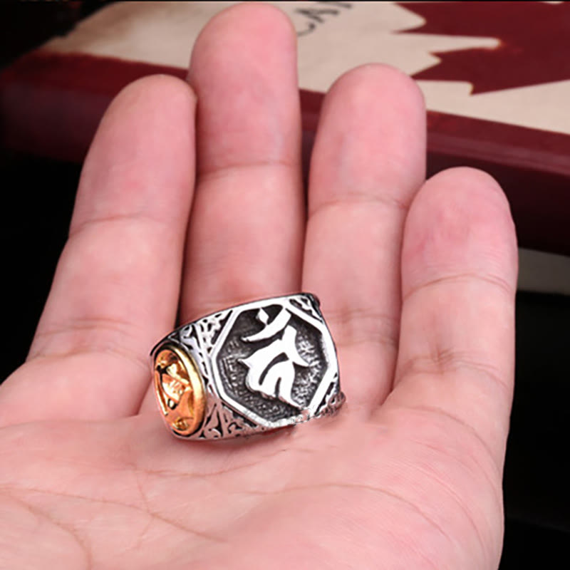 Buddha Stones Tibetano Titanio Acciaio Saluto Mano Spada Segno Sanscrito Equilibrio Anello