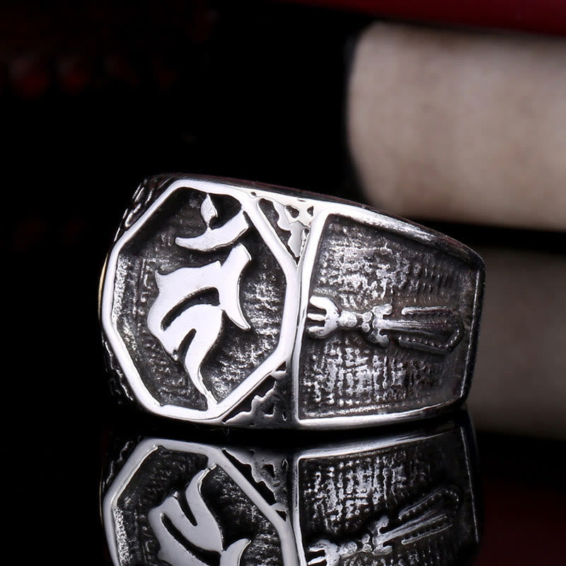 Buddha Stones Tibetano Titanio Acciaio Saluto Mano Spada Segno Sanscrito Equilibrio Anello