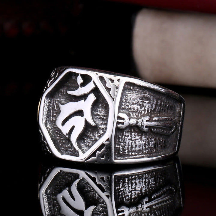 Buddha Stones Tibetano Titanio Acciaio Saluto Mano Spada Segno Sanscrito Equilibrio Anello