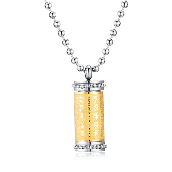 Collana con ciondolo in acciaio al titanio e Buddha Stones, ruota della preghiera, scritture, equilibrio