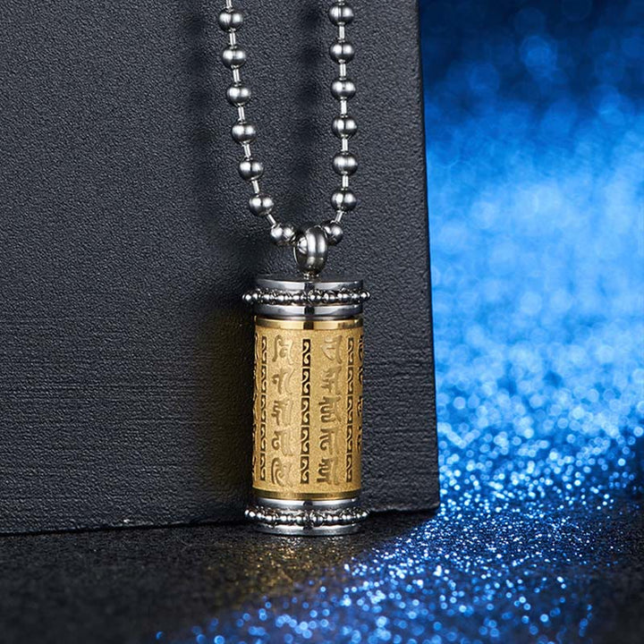 Collana con ciondolo in acciaio al titanio e Buddha Stones, ruota della preghiera, scritture, equilibrio