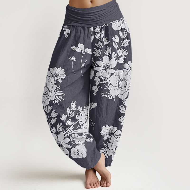 Pantaloni harem elastici in vita da donna Buddha Stones, fiori di peonia casual e foglie - Grigio ardesia - US22, UK/AU26, EU54 (6XL) - image 0