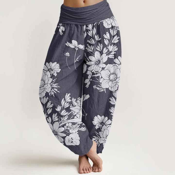 Pantaloni harem elastici in vita da donna Buddha Stones, fiori di peonia casual e foglie - Grigio ardesia - US22, UK/AU26, EU54 (6XL) - image 0