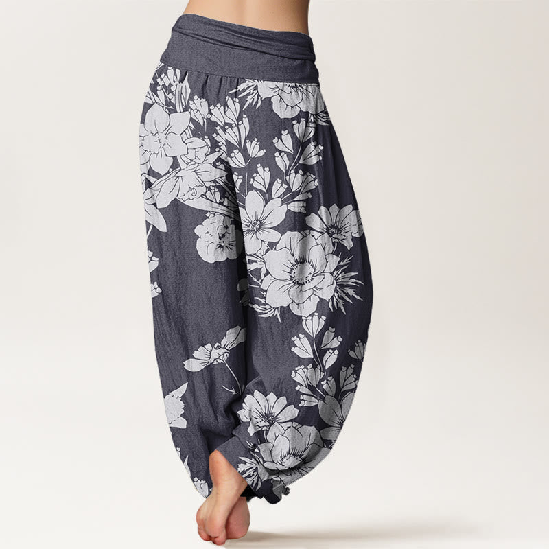 Pantaloni harem elastici in vita da donna Buddha Stones, fiori di peonia casual e foglie - image 2