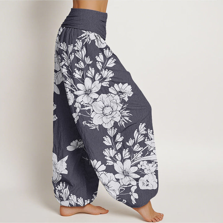 Pantaloni harem elastici in vita da donna Buddha Stones, fiori di peonia casual e foglie - image 1