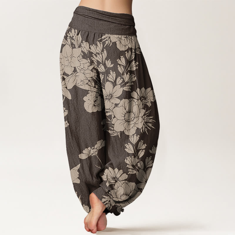 Pantaloni harem elastici in vita da donna Buddha Stones, fiori di peonia casual e foglie - image 7