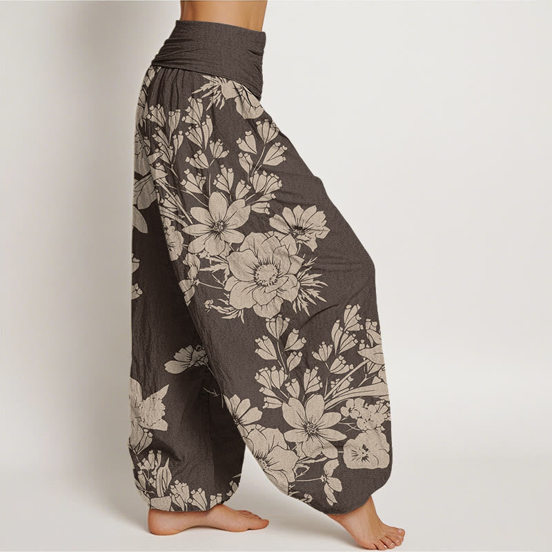 Pantaloni harem elastici in vita da donna Buddha Stones, fiori di peonia casual e foglie - image 6