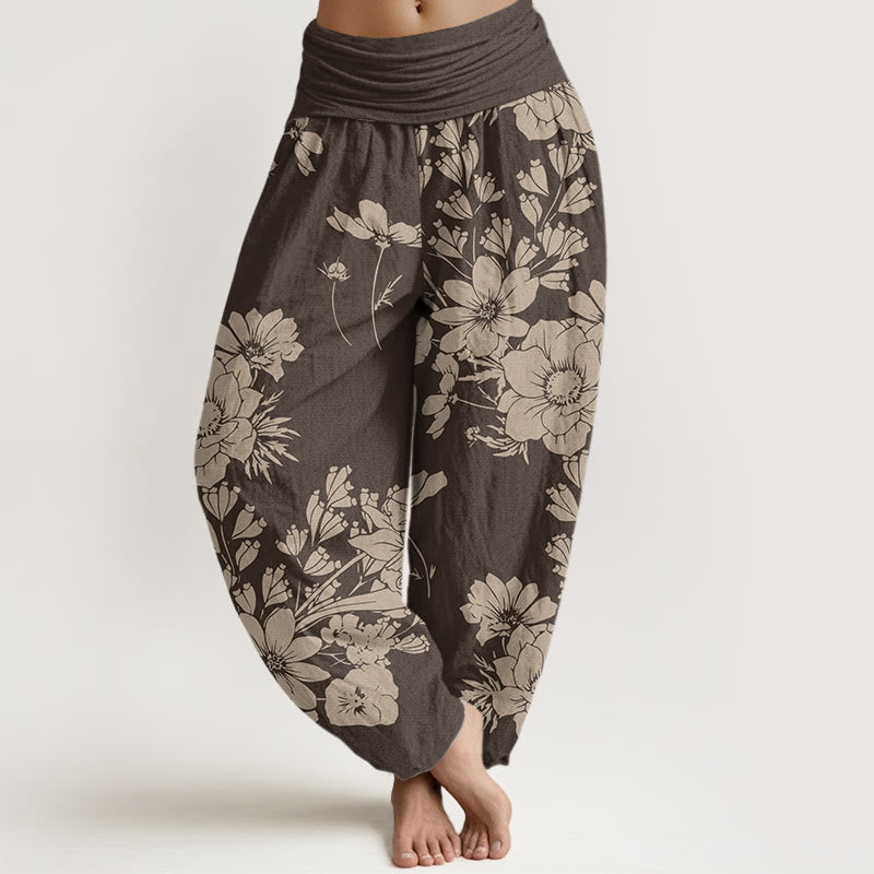 Pantaloni harem elastici in vita da donna Buddha Stones, fiori di peonia casual e foglie - Siena - US22, UK/AU26, EU54 (6XL) - image 5