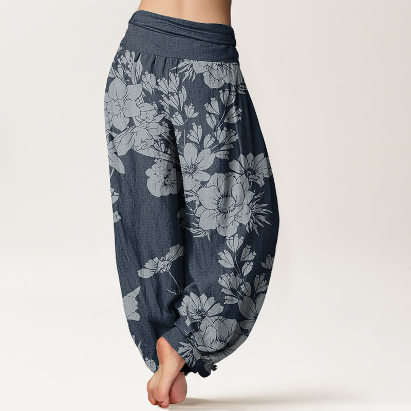 Pantaloni harem elastici in vita da donna Buddha Stones, fiori di peonia casual e foglie - image 10