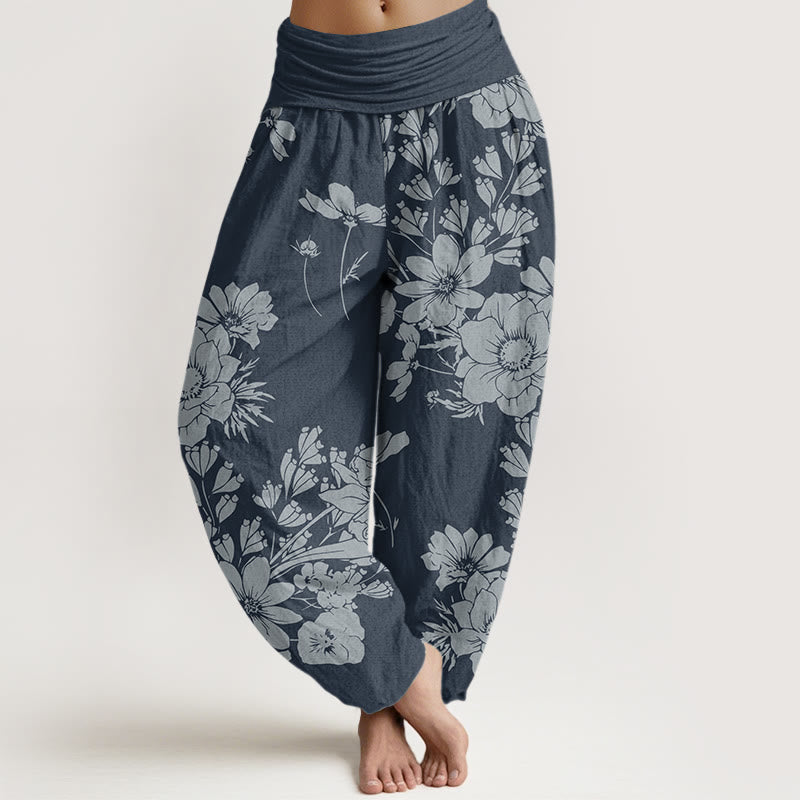Pantaloni harem elastici in vita da donna Buddha Stones, fiori di peonia casual e foglie - SteelBlue - US22, UK/AU26, EU54 (6XL) - image 8