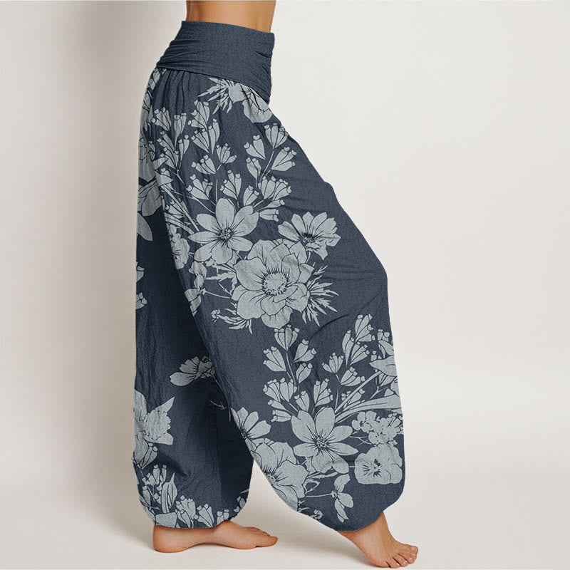 Pantaloni harem elastici in vita da donna Buddha Stones, fiori di peonia casual e foglie - image 9