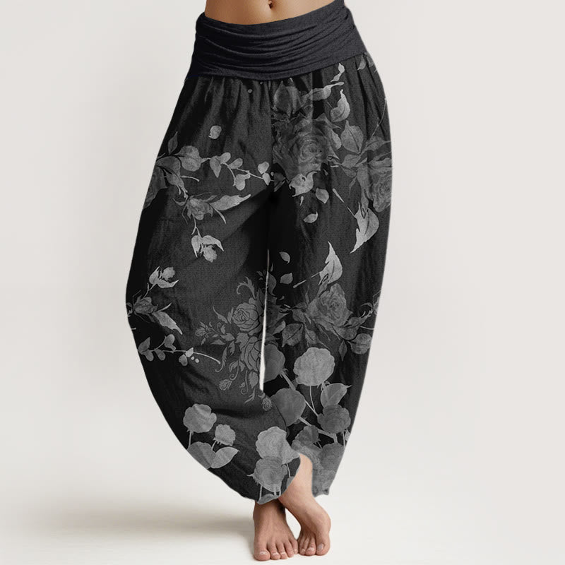 Pantaloni harem elastici in vita da donna con motivo Buddha Stones Blooming Bodding Flowers - Nero - US22, UK/AU26, EU54 (6XL) - image 0