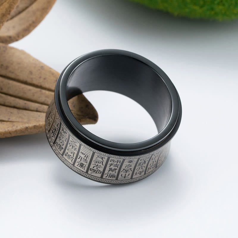 Anello di equilibrio girevole in acciaio al titanio con sigillo tibetano Buddha Stones mantra di luce dorata