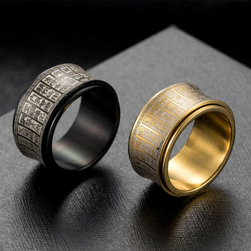 Anello di equilibrio girevole in acciaio al titanio con sigillo tibetano Buddha Stones mantra di luce dorata