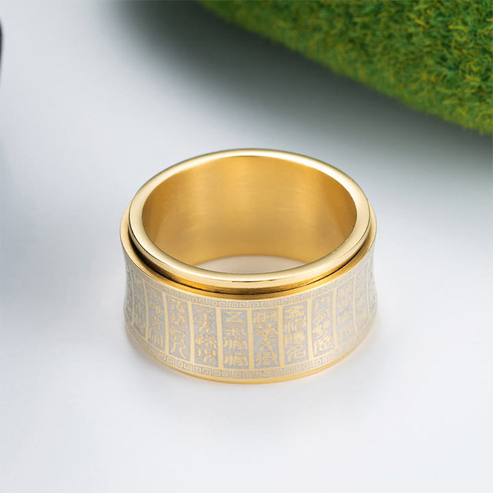 Anello di equilibrio girevole in acciaio al titanio con sigillo tibetano Buddha Stones mantra di luce dorata