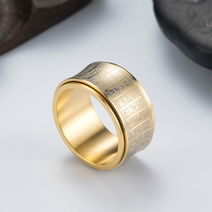 Anello di equilibrio girevole in acciaio al titanio con sigillo tibetano Buddha Stones mantra di luce dorata