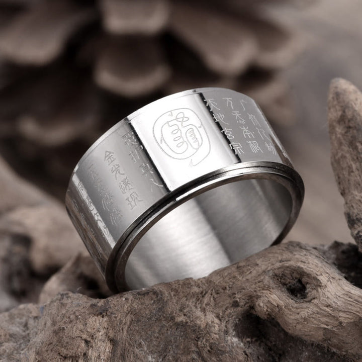 Anello di equilibrio girevole con superficie liscia in acciaio al titanio Buddha Stones, luce dorata tibetana, Mantra