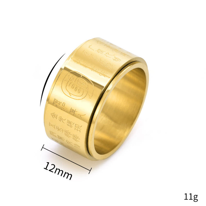 Anello di equilibrio girevole con superficie liscia in acciaio al titanio Buddha Stones, luce dorata tibetana, Mantra