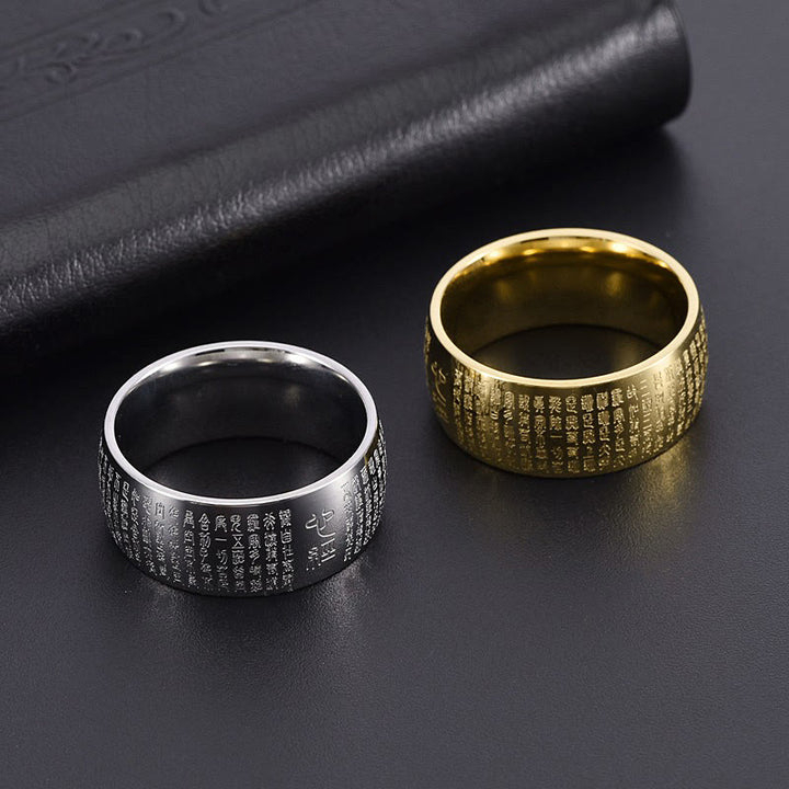 Anello di equilibrio in acciaio al titanio con sigillo tibetano del cuore Buddha Stones