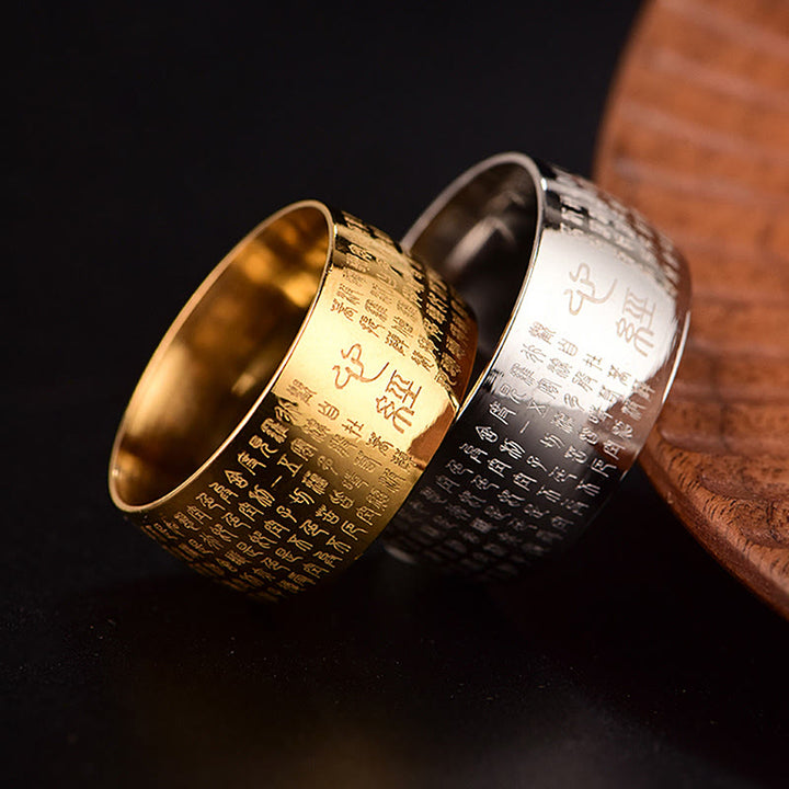 Anello di equilibrio in acciaio al titanio con sigillo tibetano del cuore Buddha Stones