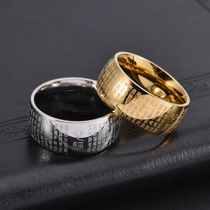 Anello di equilibrio in acciaio al titanio con sigillo tibetano del cuore Buddha Stones
