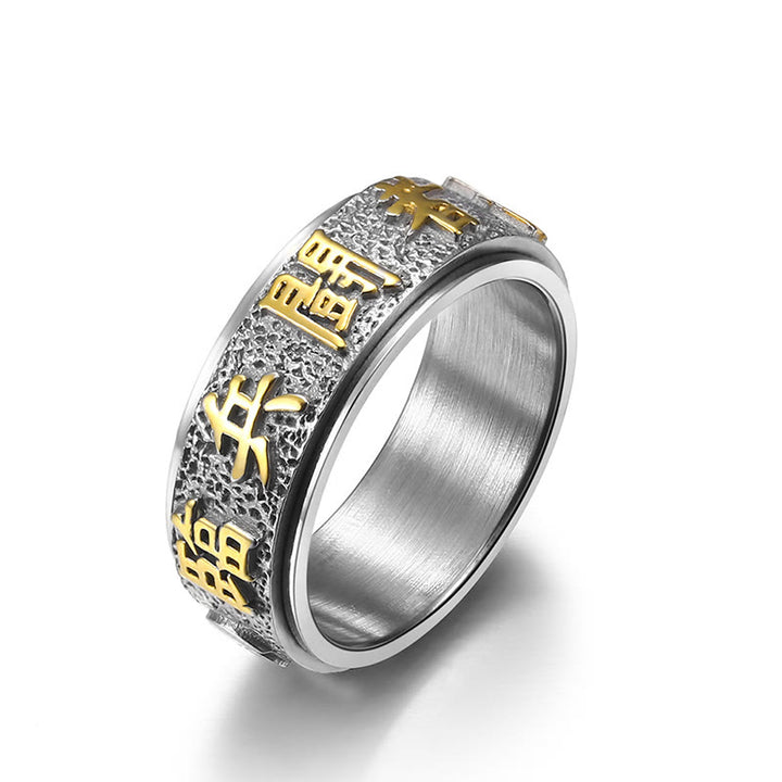 Buddha Stones Tibetano Mantra delle Nove Parole Modello Yin Yang Anello di Equilibrio in Acciaio al Titanio Spinner