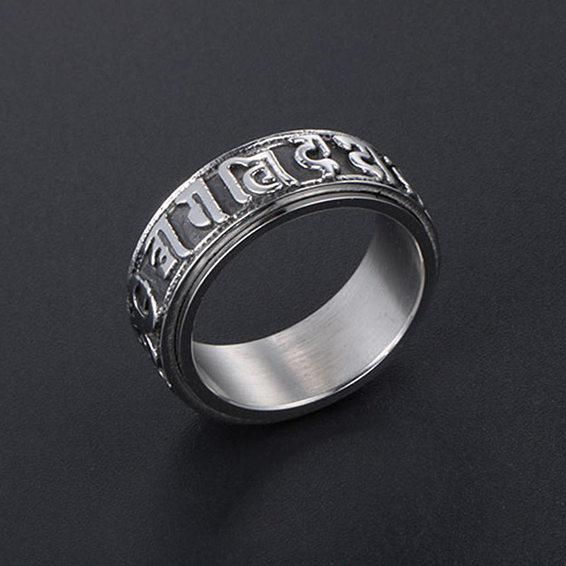 Anello di equilibrio girevole in acciaio al titanio Buddha Stones tibetane Om Mani Padme Hum