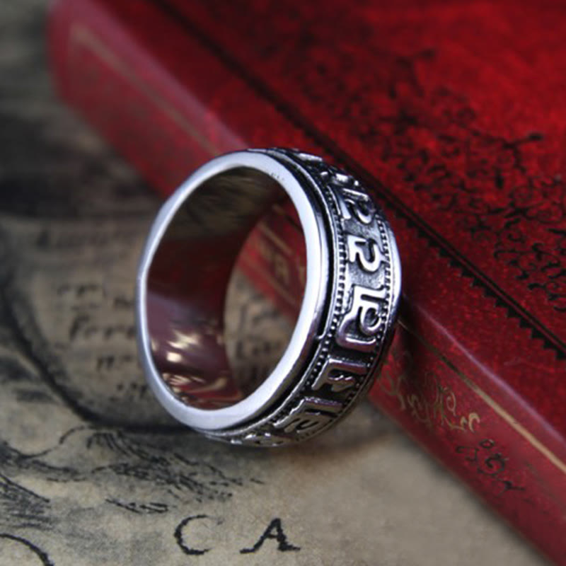 Anello di equilibrio girevole in acciaio al titanio Buddha Stones tibetane Om Mani Padme Hum