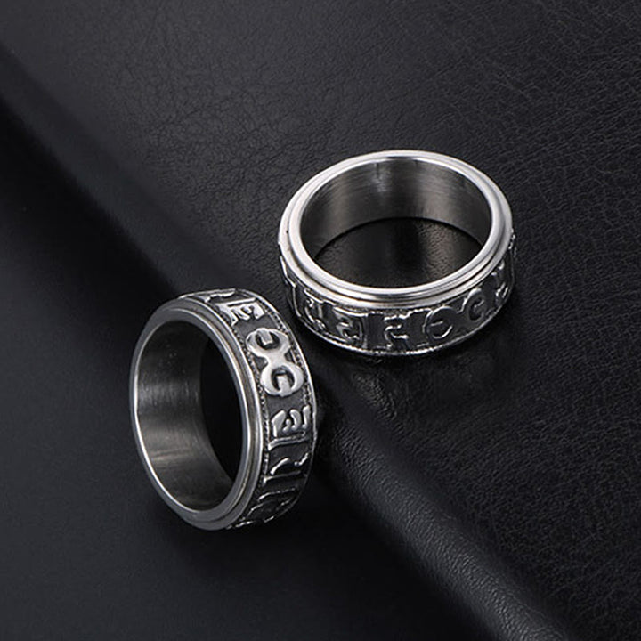 Anello di equilibrio girevole in acciaio al titanio Buddha Stones tibetane Om Mani Padme Hum
