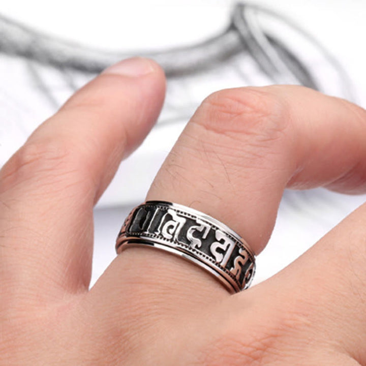 Anello di equilibrio girevole in acciaio al titanio Buddha Stones tibetane Om Mani Padme Hum