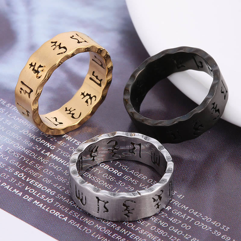 Anello di equilibrio in acciaio al titanio Buddha Stones tibetane cave Om Mani Padme Hum
