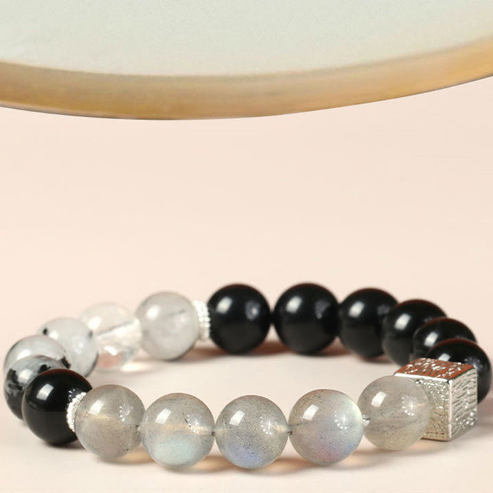 Bracciale Buddha Stones Ossidiana nera Quarzo rutilato nero Pietra di luna Cubo Forza