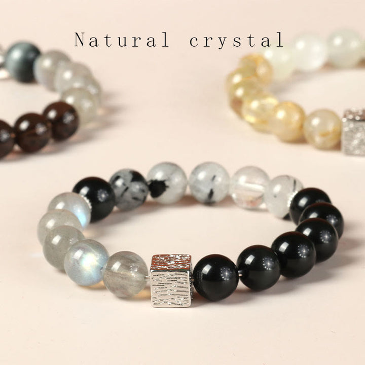 Bracciale Buddha Stones Ossidiana nera Quarzo rutilato nero Pietra di luna Cubo Forza