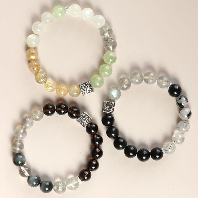 Bracciale Buddha Stones Ossidiana nera Quarzo rutilato nero Pietra di luna Cubo Forza