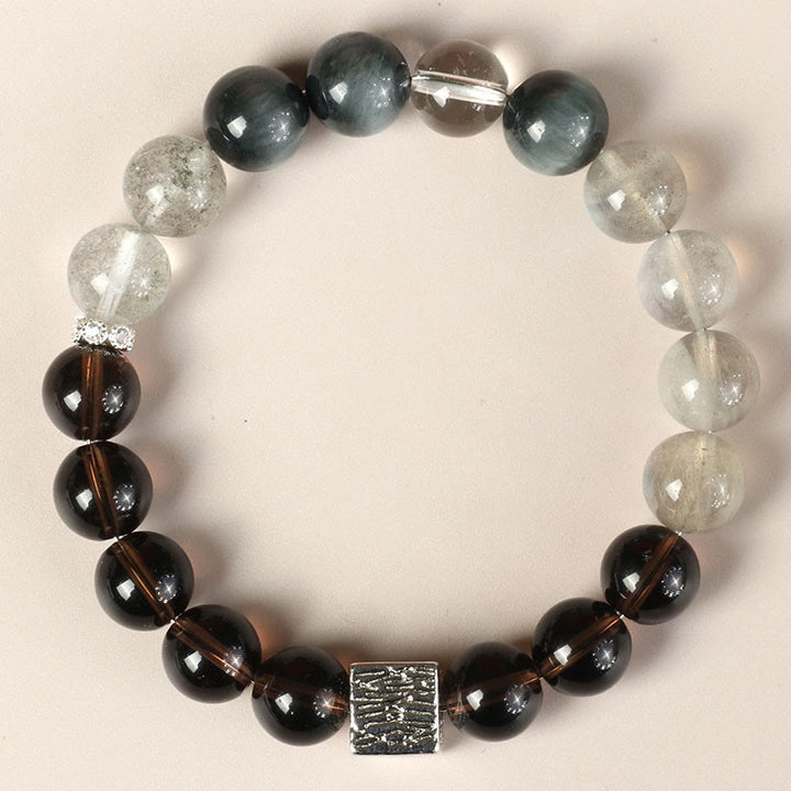 Bracciale Buddha Stones Ossidiana nera Quarzo rutilato nero Pietra di luna Cubo Forza