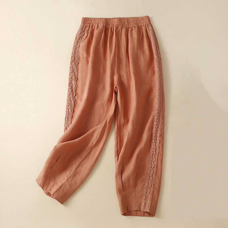 Pantaloni da donna in lino con tasche e ricamo floreale tinta unita Buddha Stones - Arancia - US12, UK/AU16, EU44 (3XL) - image 7