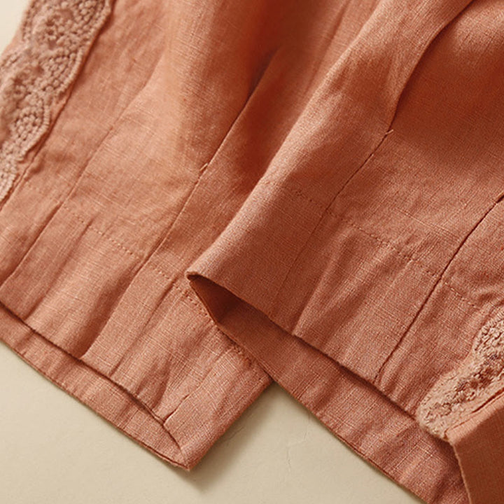 Pantaloni da donna in lino con tasche e ricamo floreale tinta unita Buddha Stones - image 11