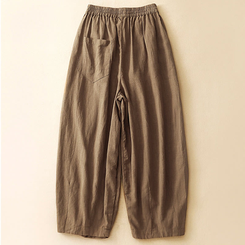 Pantaloni da donna in lino di cotone con tasche, con elastico in vita, in tinta unita, tipo carota , Buddha Stones - image 1