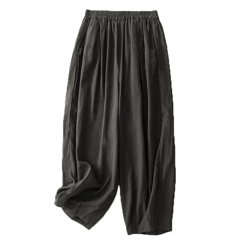 Pantaloni da donna in lino di cotone con tasche, con elastico in vita, in tinta unita, tipo carota , Buddha Stones - image 13